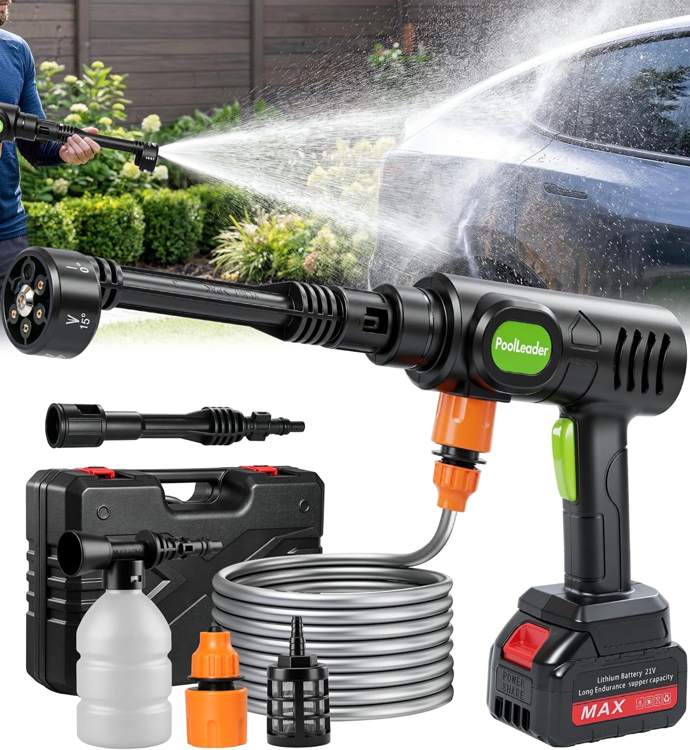 Cordless Car Cleaning Tool with 6-In-1 Nozzle & Foam Cannon | Lightweight Portable Design, Battery Operated Cordless Car Wash Spray, Handheld Wash Machine for Car, Patio, Home -Lime Green