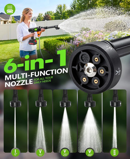 Cordless Car Cleaning Tool with 6-In-1 Nozzle & Foam Cannon | Lightweight Portable Design, Battery Operated Cordless Car Wash Spray, Handheld Wash Machine for Car, Patio, Home -Lime Green
