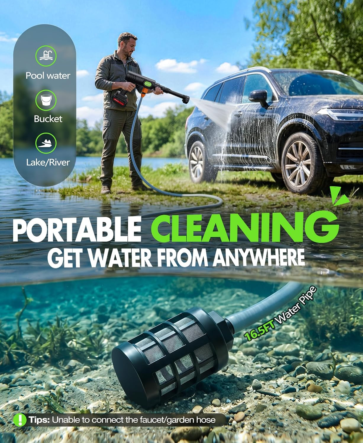 Cordless Car Cleaning Tool with 6-In-1 Nozzle & Foam Cannon | Lightweight Portable Design, Battery Operated Cordless Car Wash Spray, Handheld Wash Machine for Car, Patio, Home -Lime Green
