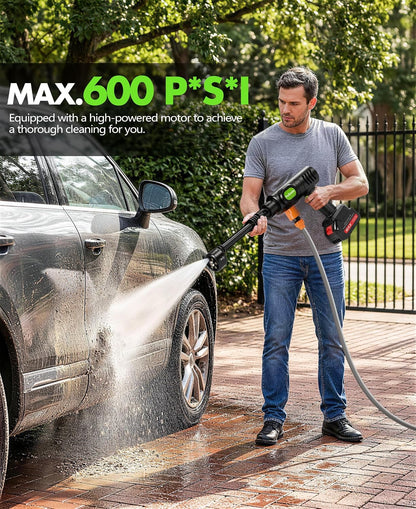 Cordless Car Cleaning Tool with 6-In-1 Nozzle & Foam Cannon | Lightweight Portable Design, Battery Operated Cordless Car Wash Spray, Handheld Wash Machine for Car, Patio, Home -Lime Green