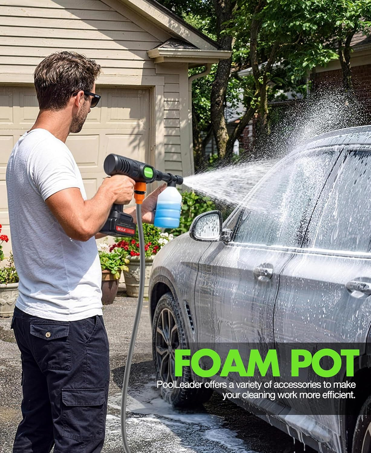 Cordless Car Cleaning Tool with 6-In-1 Nozzle & Foam Cannon | Lightweight Portable Design, Battery Operated Cordless Car Wash Spray, Handheld Wash Machine for Car, Patio, Home -Lime Green
