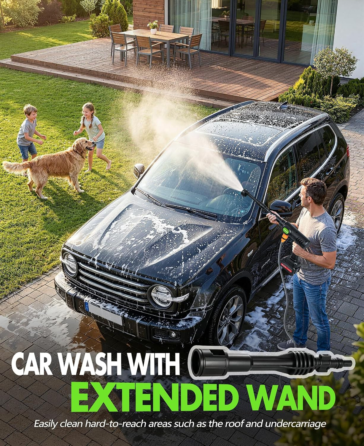 Cordless Car Cleaning Tool with 6-In-1 Nozzle & Foam Cannon | Lightweight Portable Design, Battery Operated Cordless Car Wash Spray, Handheld Wash Machine for Car, Patio, Home -Lime Green